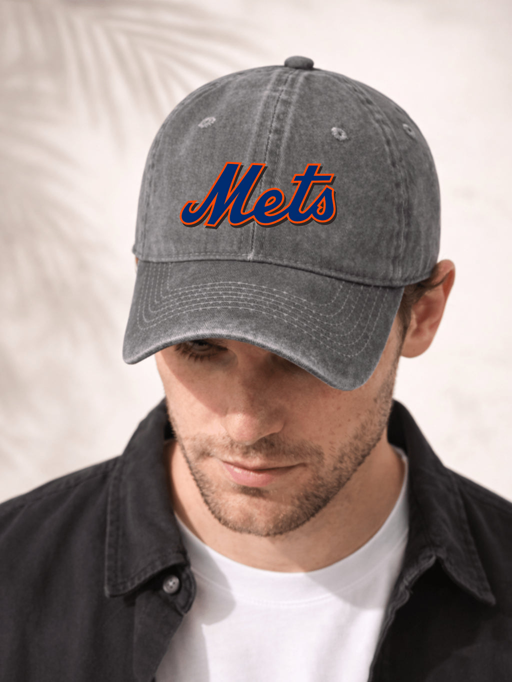 Washed Denim Baseball Cap For Men And Women Fashionable Sporty Casual Hat With Team Logo Design Mets Embroidered Script Logo In Blue And Orange Colorful Classic Baseball Team Style Perfect For Outdoor Activities Sports Events Daily Wear Adjustable Fit Com