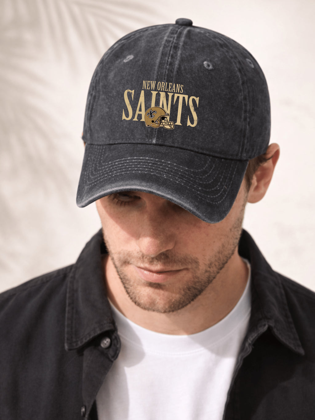 Washed Denim Baseball Cap For Men And Women Casual Sporty Style Adjustable Fit New Orleans Saints Team Logo With Helmet Design Gold Embroidery On Dark Blue Fabric Perfect For Everyday Wear Outdoor Activities Sports Events And Travel Comfortable Breathable