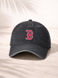 Washed Denim Baseball Cap For Men And Women Fashionable Casual Hat With Classic Logo Design Red B Embroidered Patch On Front Vintage Style Washed Cotton Fabric Soft Texture Perfect For Outdoor Activities Sports Events Daily Wear Adjustable Back Closure Co