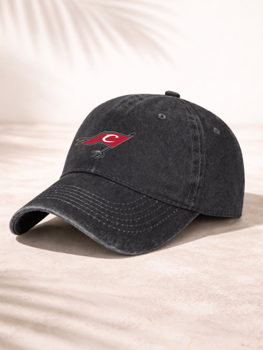 Washed Denim Baseball Cap For Men Women Fashionable Casual Hat With Logo Design Red Flag And Letter C Embroidered On Front Classic Vintage Style Detailing Perfect For Outdoor Activities Sports Events Daily Wear Adjustable Fit Comfortable Breathable Fabric