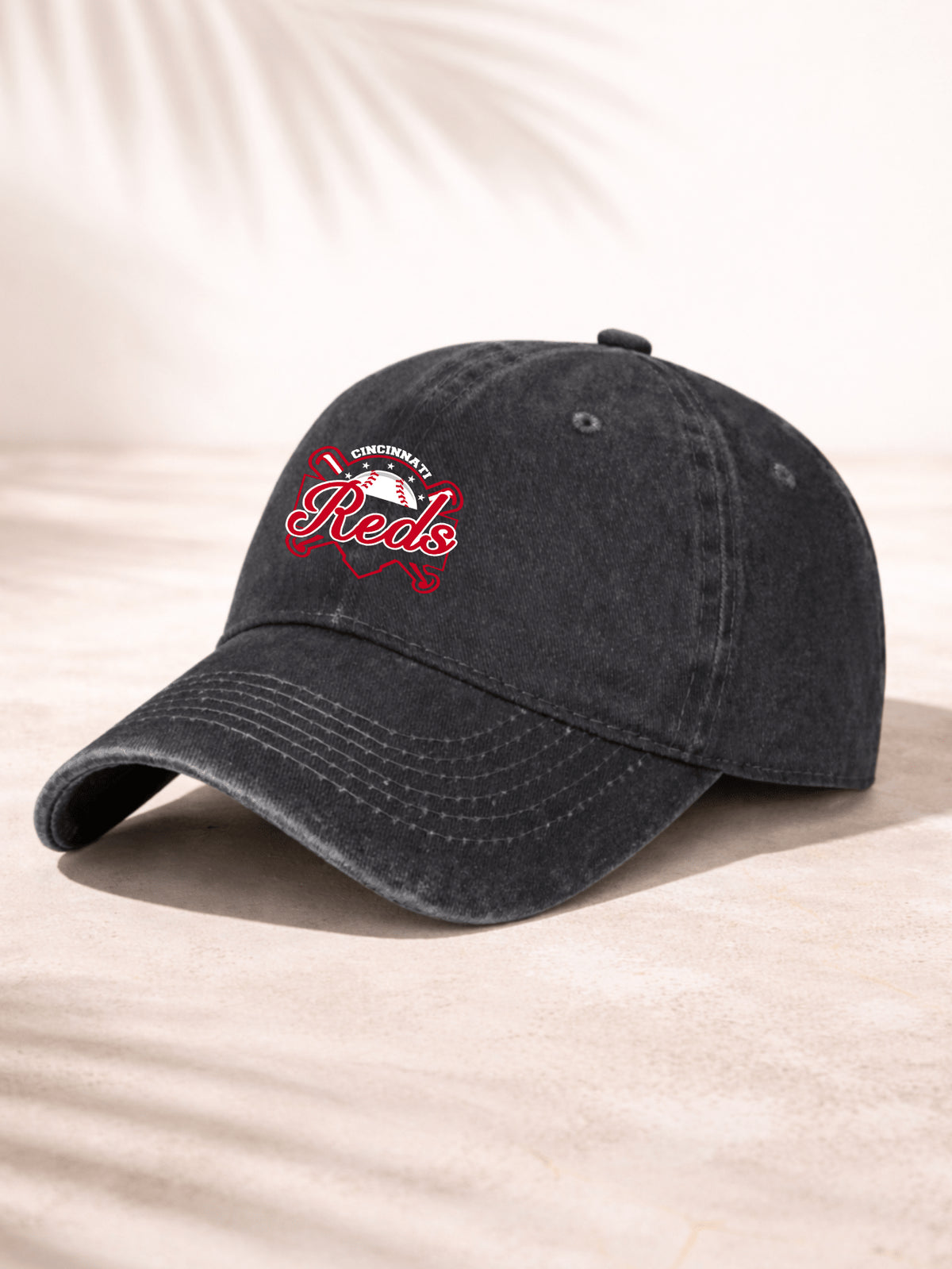 Washed Denim Baseball Cap For Men And Women Casual Sporty Adjustable Hat With Team Logo Design Cincinnati Reds Embroidered Patch Featuring Classic Baseball Motif In Red And White Color Scheme Perfect For Outdoor Activities Daily Wear And Sports Events Lig