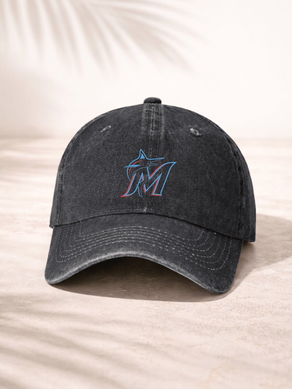Washed Denim Baseball Cap Unisex Fashion Hat For Men And Women Casual Outdoor Sport Style Adjustable Fit Miami Marlins Logo Embroidered Design Classic Team Spirit With Blue And Red Color Detailing Perfect For Daily Wear Beach Outings Sports Events And Tra