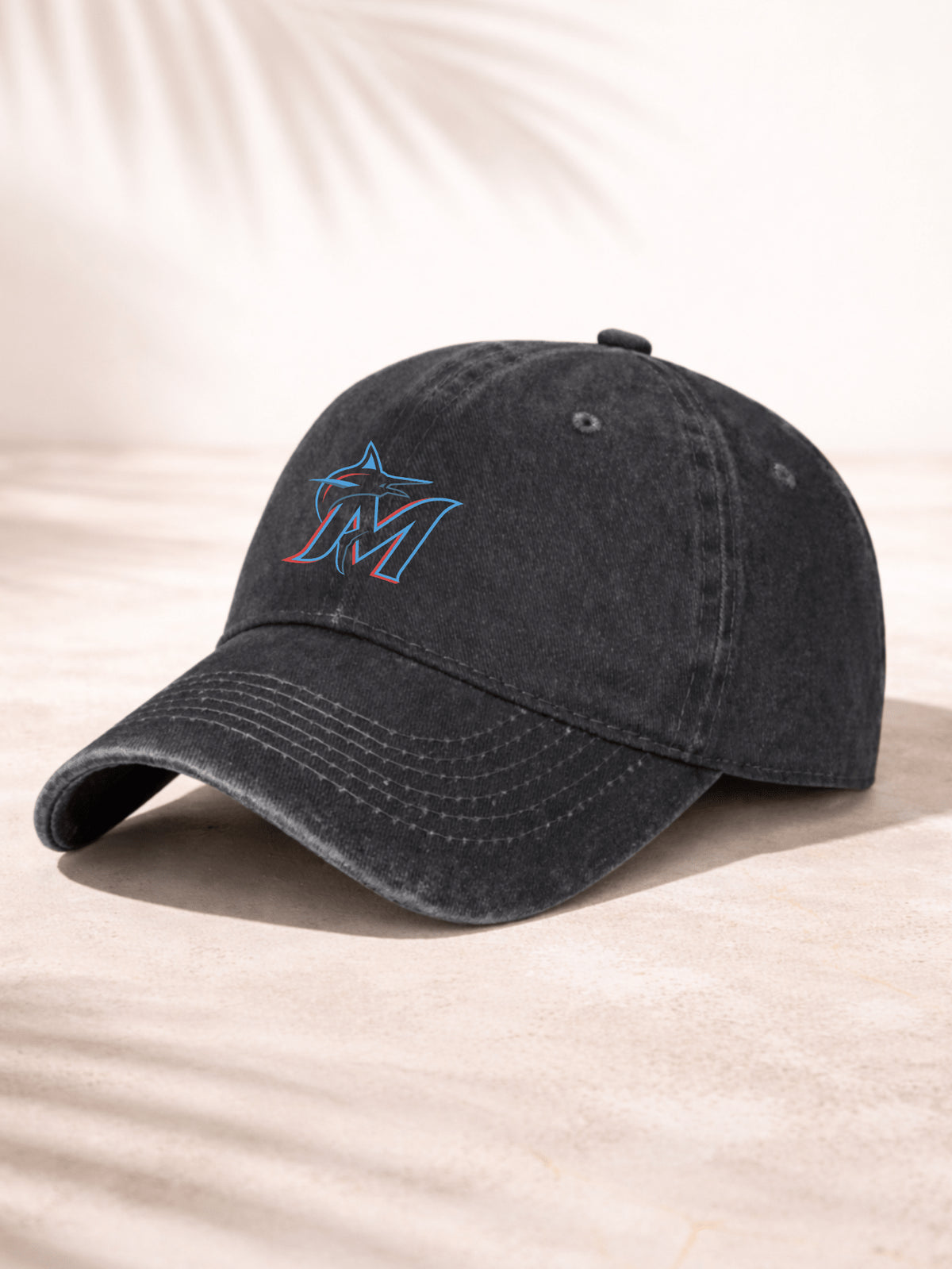 Washed Denim Baseball Cap Unisex Fashion Hat For Men And Women Casual Outdoor Sport Style Adjustable Fit Miami Marlins Logo Embroidered Design Classic Team Spirit With Blue And Red Color Detailing Perfect For Daily Wear Beach Outings Sports Events And Tra