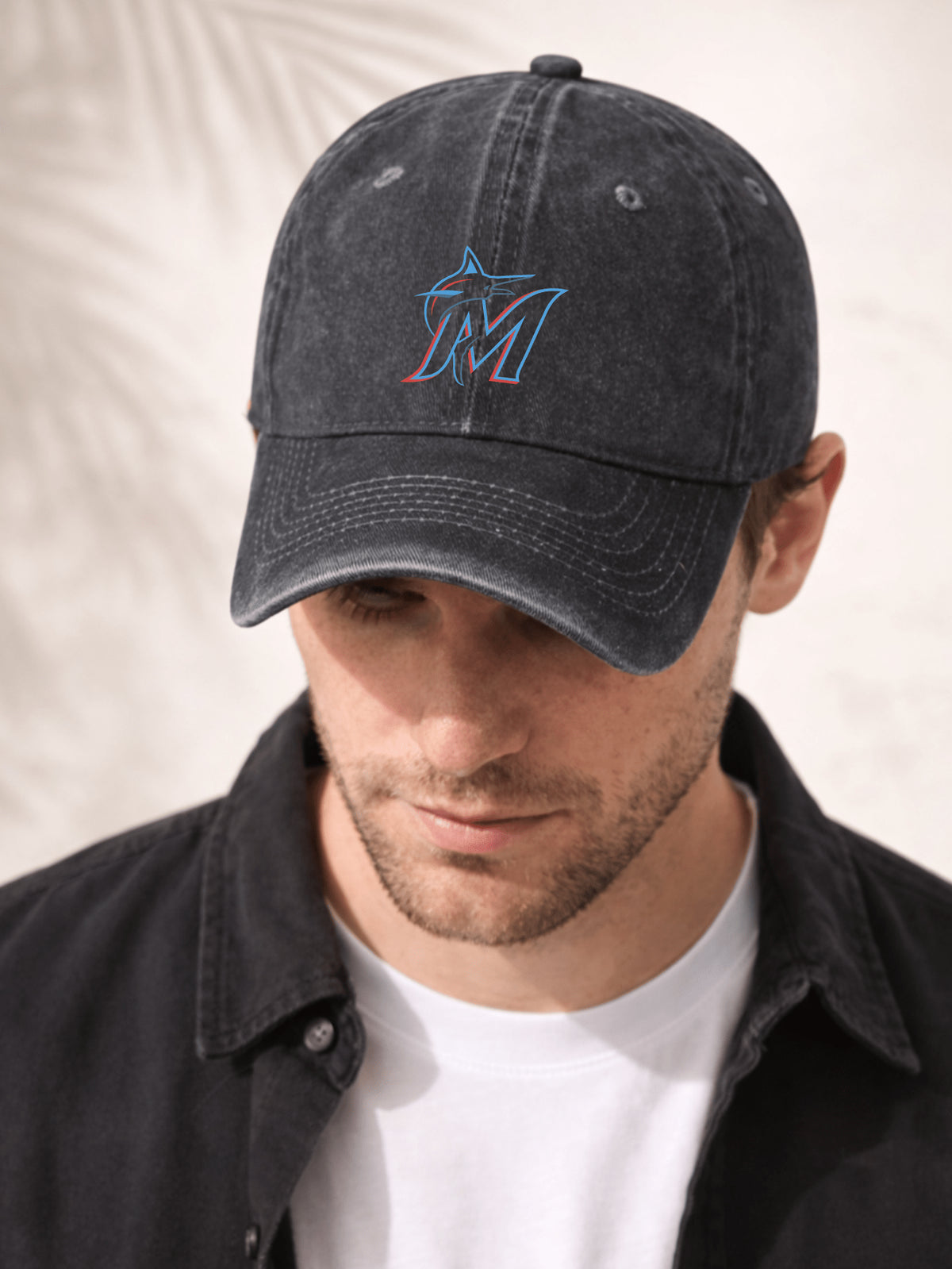 Washed Denim Baseball Cap Unisex Fashion Hat For Men And Women Casual Outdoor Sport Style Adjustable Fit Miami Marlins Logo Embroidered Design Classic Team Spirit With Blue And Red Color Detailing Perfect For Daily Wear Beach Outings Sports Events And Tra