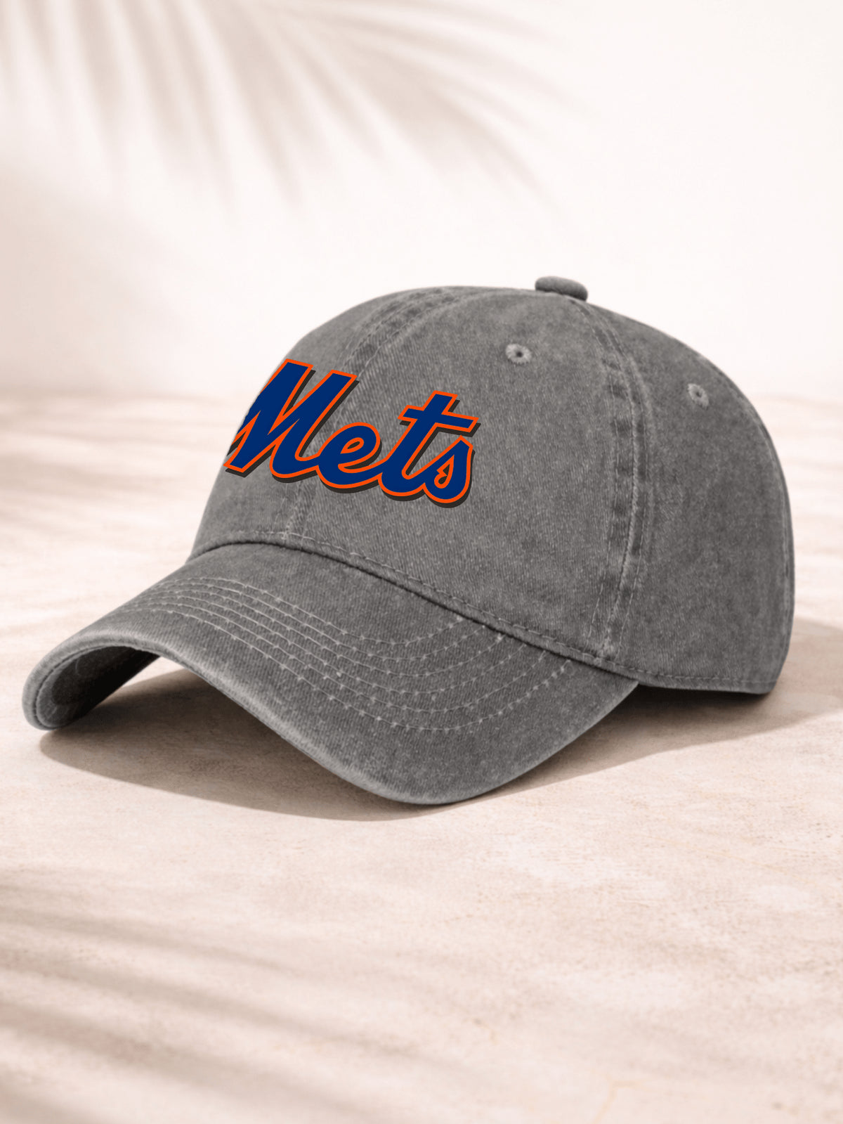 Washed Denim Baseball Cap For Men And Women Fashionable Sporty Hat With Team Logo Design Mets Script Embroidered Front Print In Blue And Orange Colorful Detailing Perfect For Casual Outings Outdoor Activities And Sports Events Adjustable Fit For Comfort A