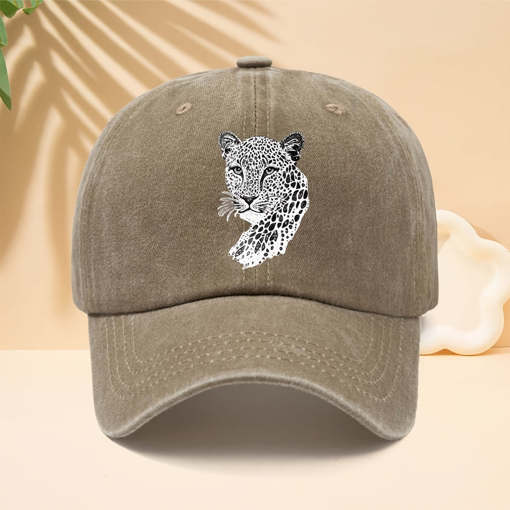 A Trendy Baseball Cap with a Black and White Leopard Head Illustration Print, Featuring a Soft Crown and Curved Brim. This Classic Snapback Hat Is an Adjustable Casual Cap Suitable for All Seasons. It's a Six-panel Trucker Hat, a Matching Couple's