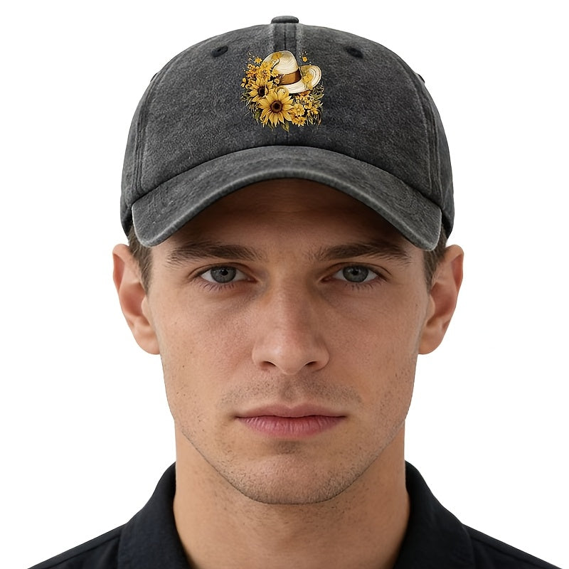 Printed Sunflower Baseball Cap, Unisex And Adjustable Size, with Curved Brim, Lightweight And Sun-Protective for Outdoor Use, Suitable for Outdoor Vacations, Camping, Casual Wear, And Hip-Hop Style, Trucker Baseball Cap
