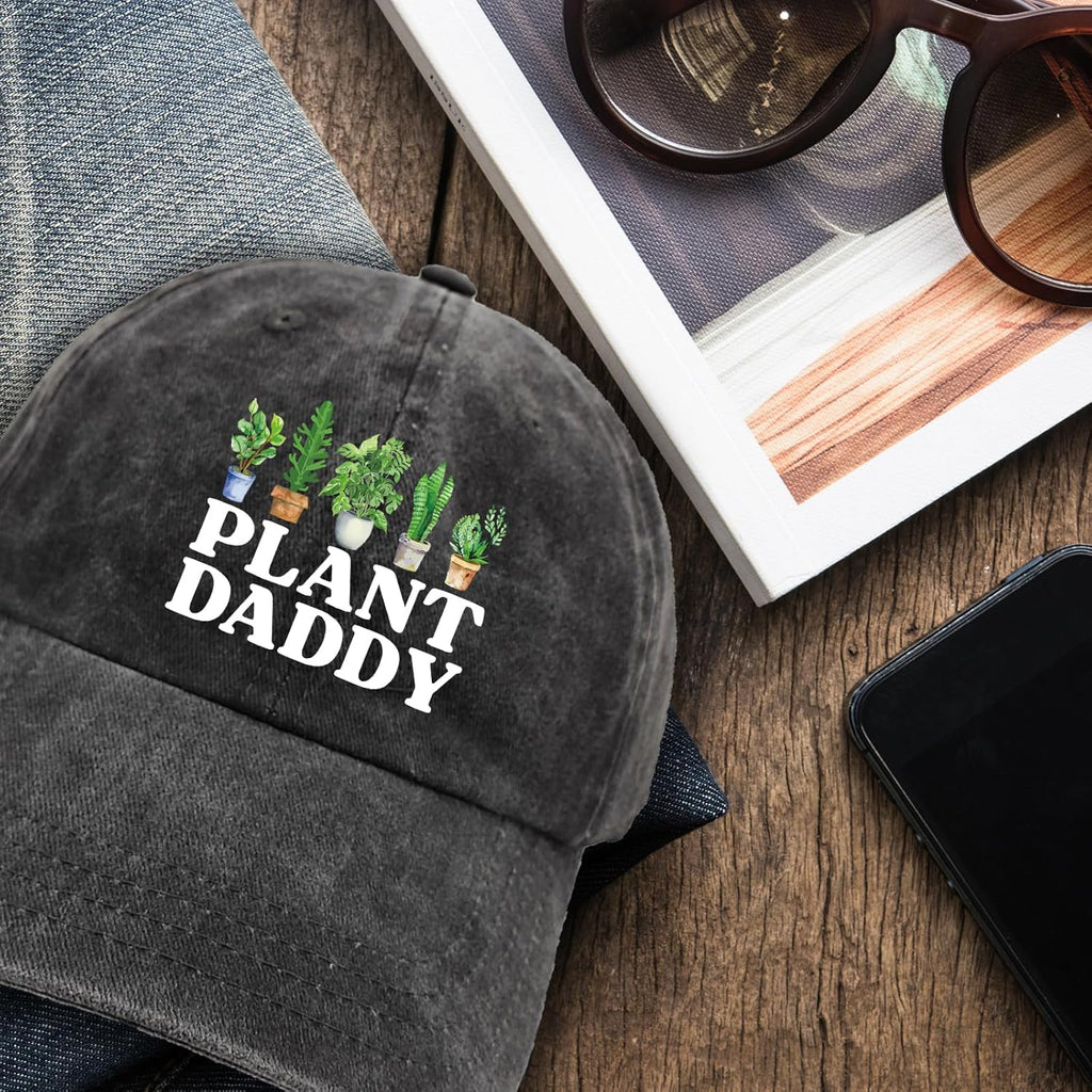 Men'S Vintage Plant Dad Baseball Cap - Distressed Washed Black Adjustable Snapback with Potted Plant Pattern And "PLANT DADDY" Print - Fun Gardening Gift for Father, Husband, Or Plant Lover (Birthday Gift)
