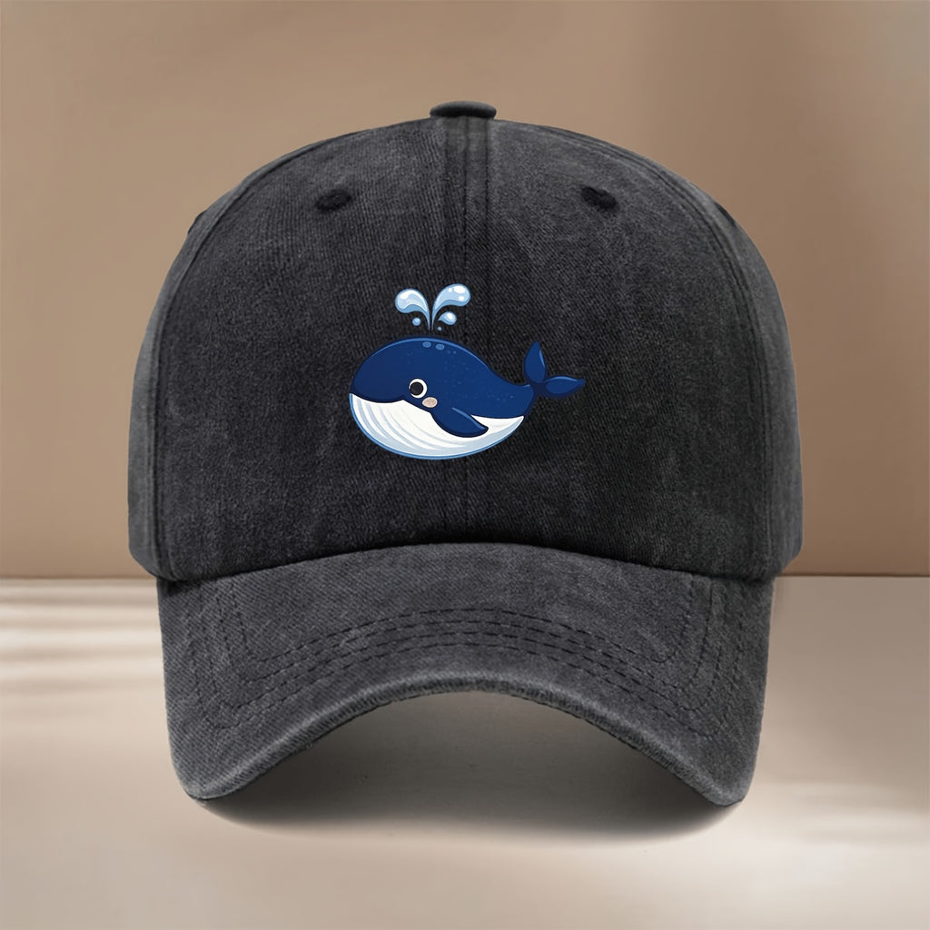 This Is a Baseball Cap with a Whale Spouting Water Graphic Print. It Is a , Lightweight, and Adjustable Casual Hat Suitable for Both Men and Women. This Stylish and Trendy Snapback Cap Is Perfect for Outdoor Sports, Dinners, Camping, and Other