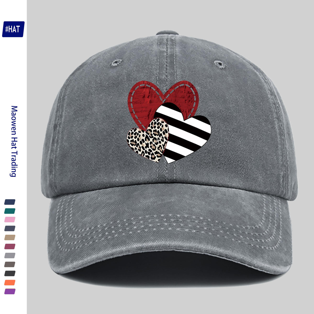 A Washed Baseball Cap with Iron-on Transfer Designs of Red Hearts, Black Striped Hearts, Leopard Print Hearts, and Crossed Hearts. It Features a New Autumn/winter Vintage Style, Is Unisex, Adjustable in Size, Lightweight, and Suitable for Outdoor Use