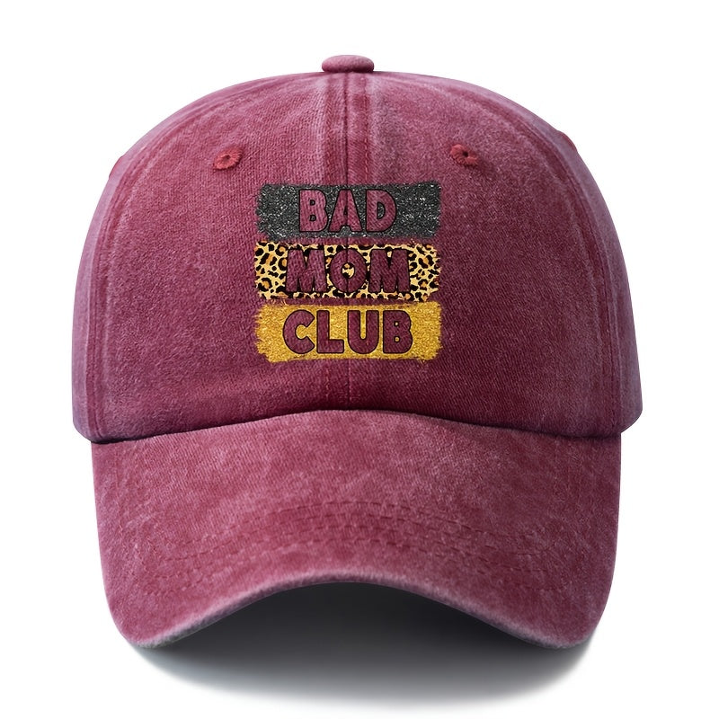 A Unisex Fashionable and Versatile "BAD MOM CLUB" Printed Baseball Cap, Featuring a Classic Vintage Washed Lightweight Curved Brim. This Trucker Baseball Cap Is Suitable for Casual Occasions Such as Outdoor Vacations, Travel, and Camping. It Also