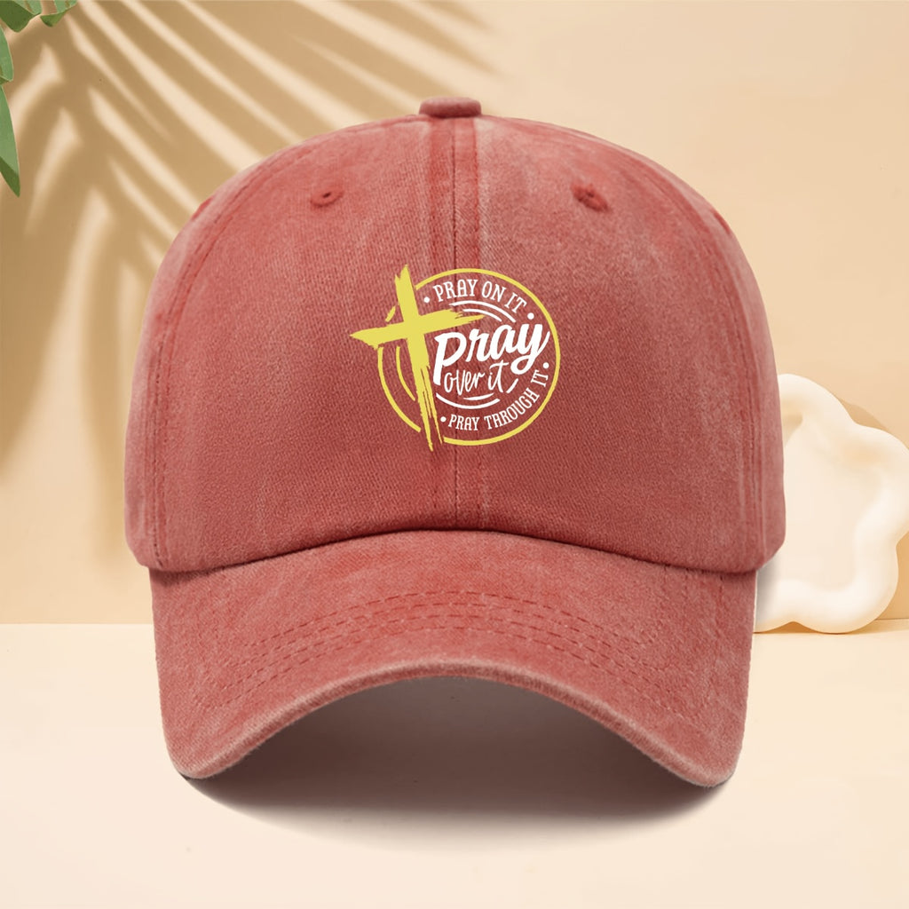 Yellow Cross Circle Pray Over It Pattern Printed Baseball Cap Reverent Retro Faith Design Style Curved Brim Hat for Walking, Gatherings, Dates, Shopping, Vacation, Travel