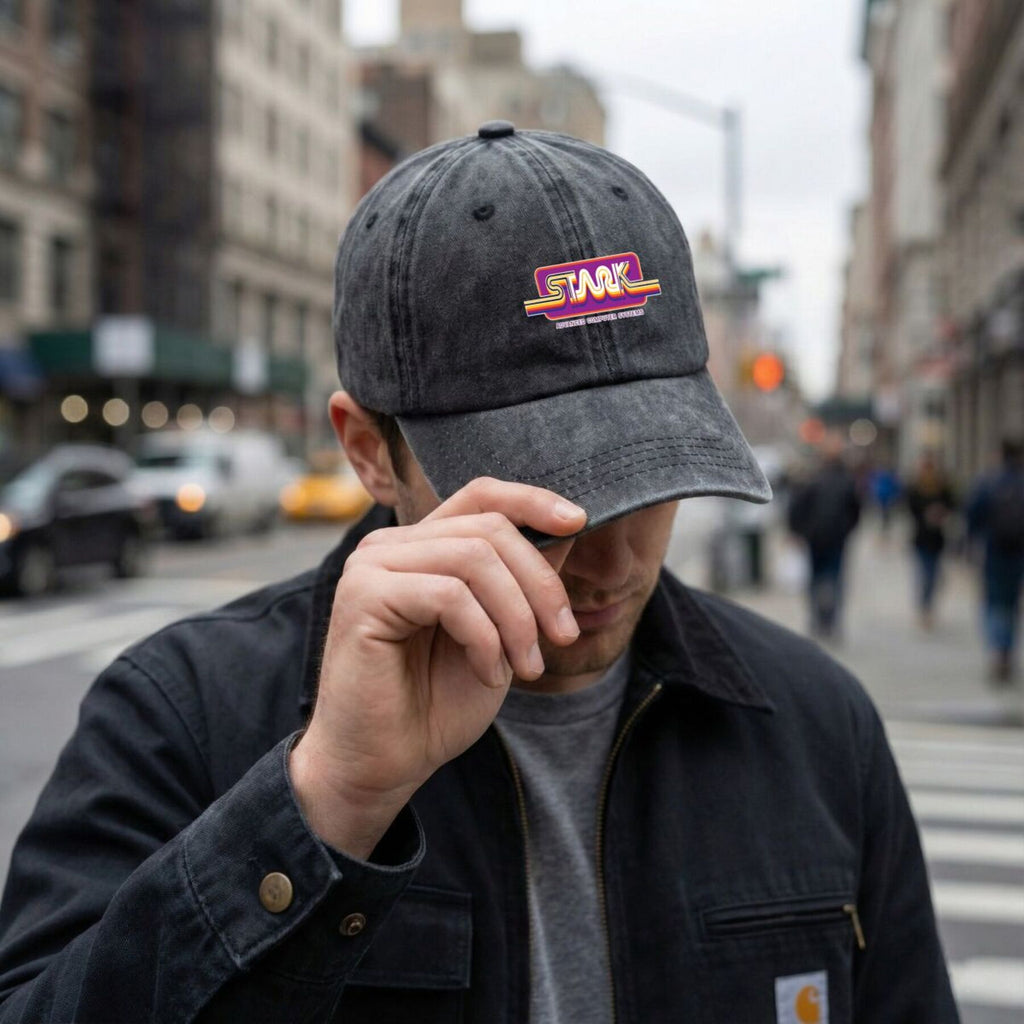 1980S Stark Technologies Computer Graphics Sticker Vintage Washed Distressed Duckbill Cap Unisex Outdoor Baseball Hat Adjustable Lightweight Breathable Retro Style Golf Cap