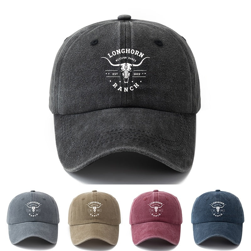 Unisex LONGHORN Printed Retro Baseball Cap with Iconic - Lightweight Curved Brim Trucker Hat Suitable for Outdoor, Travel, Camping, Hip-Hop Style, Machine Washable for Men & Women, Casual Gift for Parties and Daily Wear