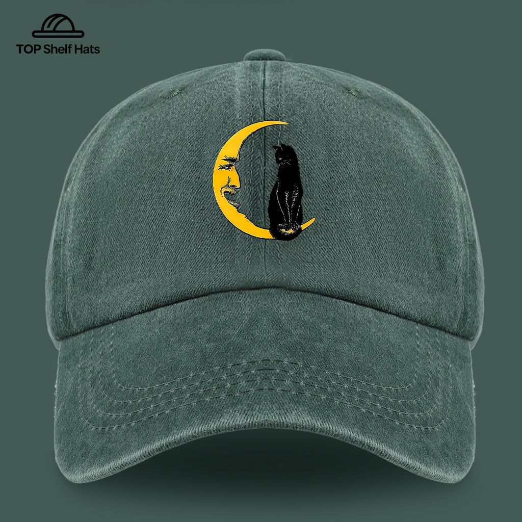 1pc Moon Cat Print Baseball Cap, Creative Illustration Sun Hat, Lightweight Comfortable Breathable Adjustable Size, Black PAPA Truck Driver Retro Dad Hat, Mom Beach Vacation Sun Hat, Youth Couple Outdoor Skate Hat