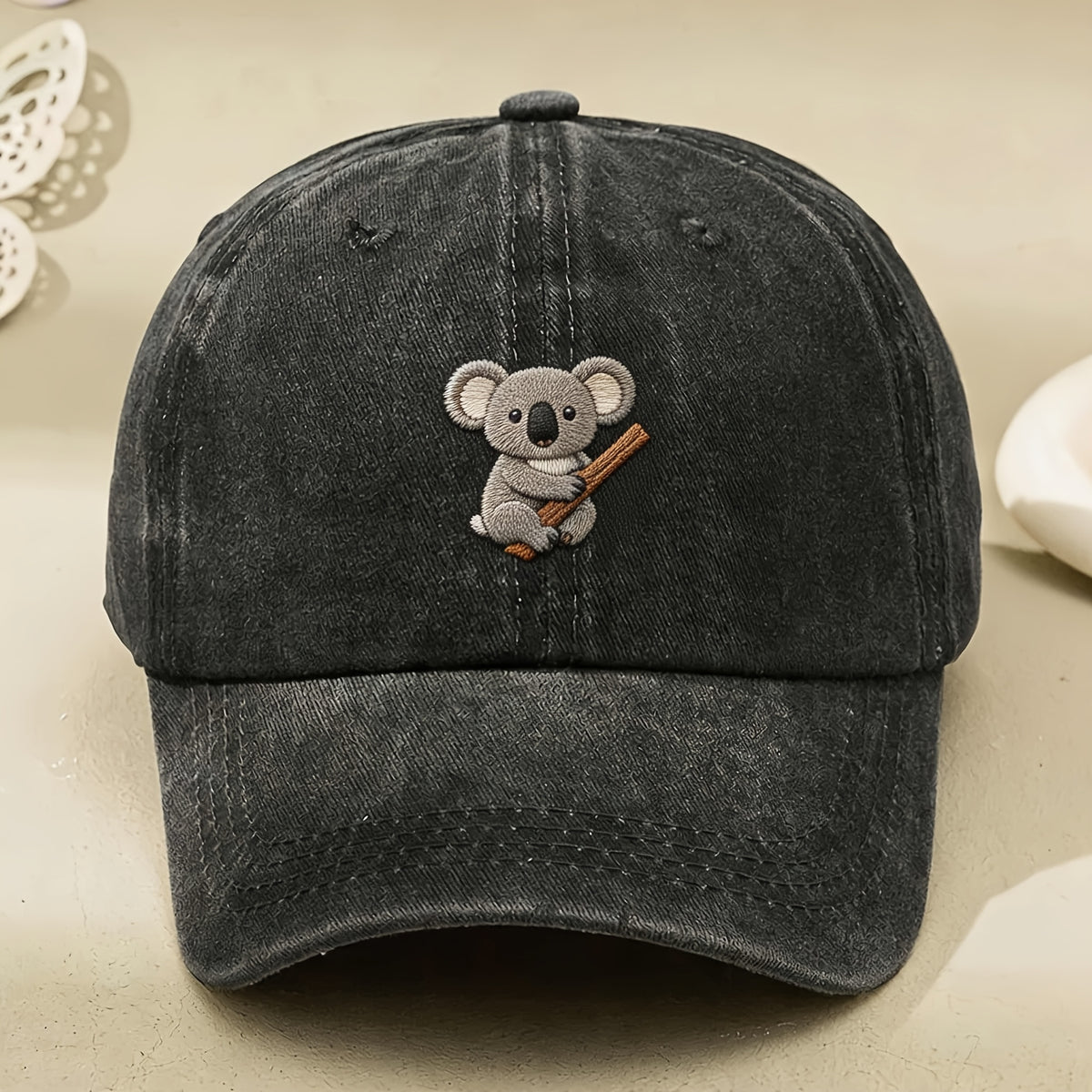Cute Koala Embroidery Vintage Washed Baseball Cap Suitable for Men & Women, Machine Washable Retro Cap with Koala, Adjustable Pull String Closure, Casual Streetwear Gift for Themed Outfits, Casual Attire (No Revision Request)