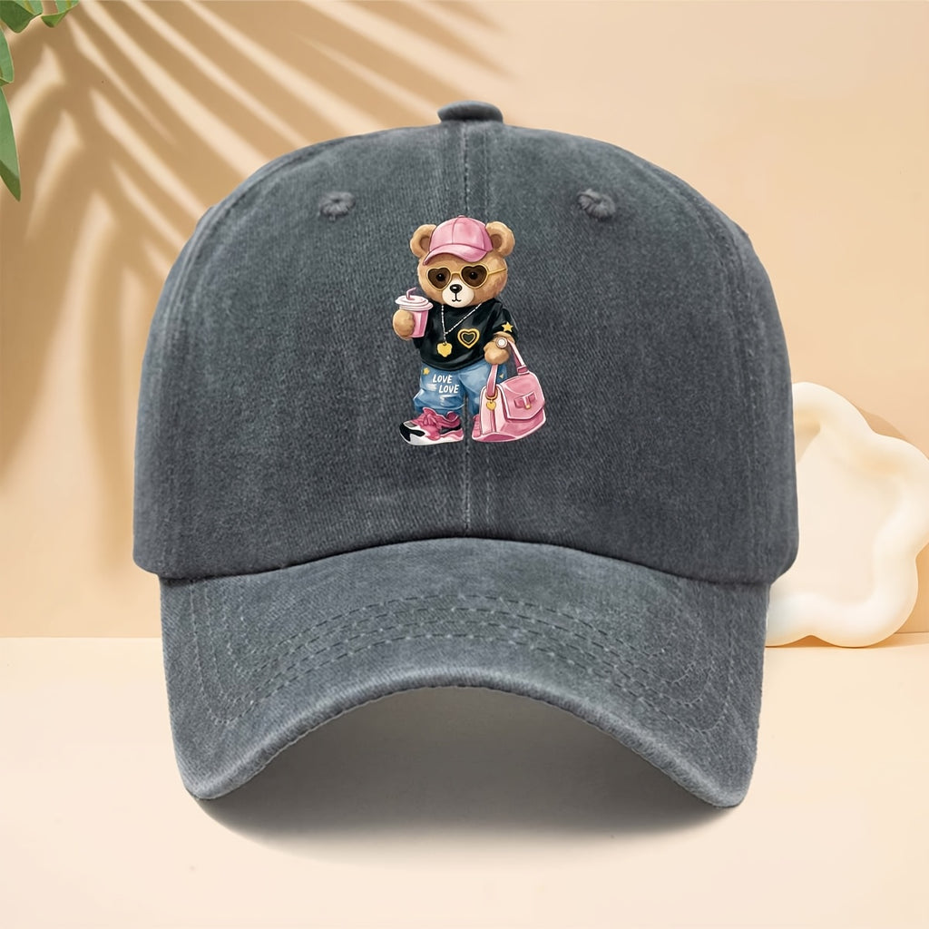 Baseball Cap with a Trendy and Cool Teddy Bear Print, Featuring an American Street-style Aesthetic. This Adorable and Fun Personality-driven Casual Snapback Is Perfect for Strolling, Shopping, Traveling, Gatherings, Vacations, and Parties. The Curved