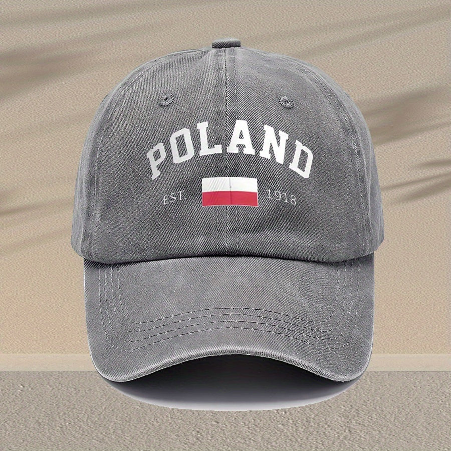 Unisex Vintage Washed Baseball Cap - Adjustable Breathable Trucker Hat with "Poland" Lettering Distressed Style, Lightweight Casual Dad Hat for Outdoor Activities, Black, Non-Stretch Fabric