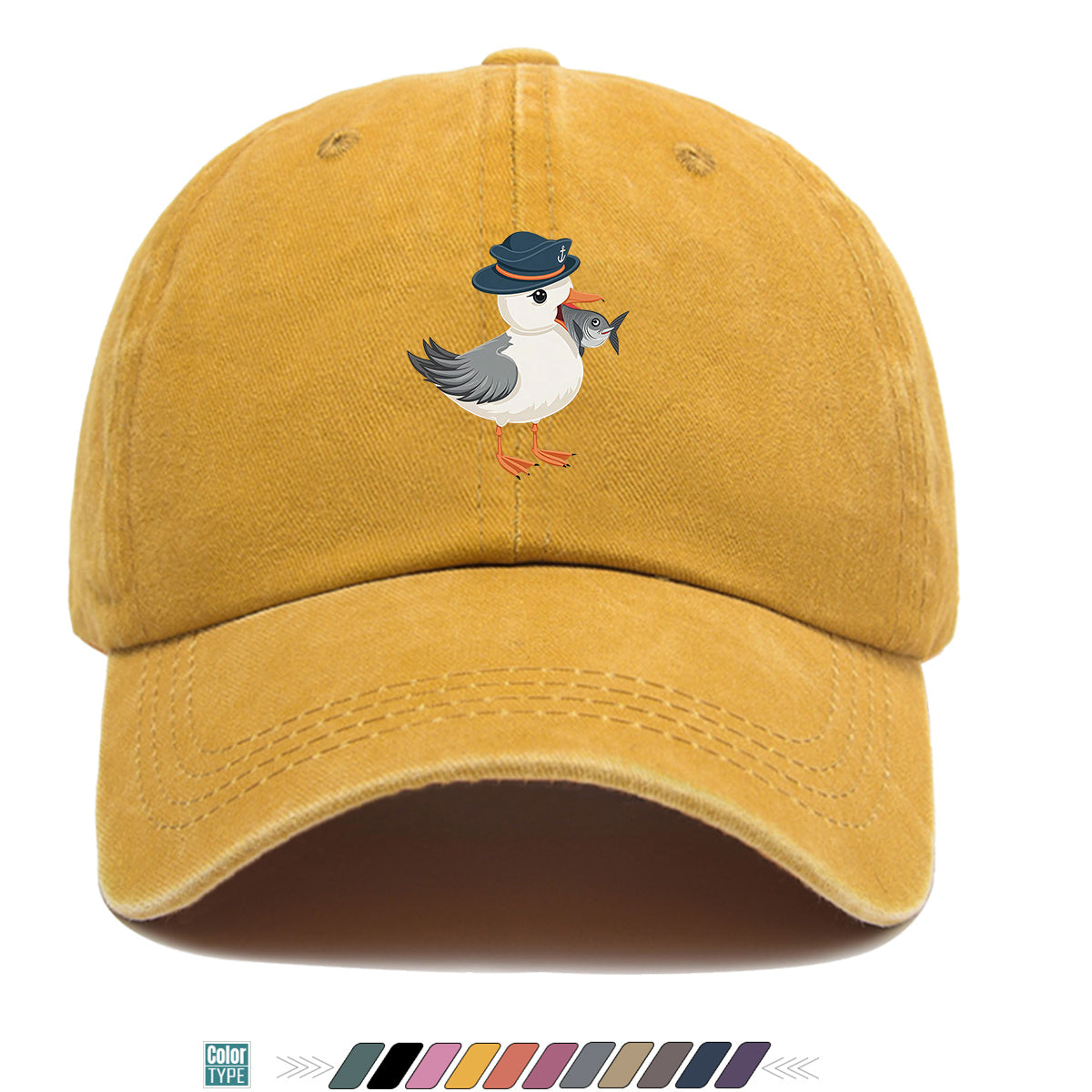 1pc Cartoon Seagull Wearing a Navy Hat with an Anchor Pattern, Holding a Fish in Its Mouth, with a Colorful Geometric Striped Background. Fun Animal Print Baseball Cap, Comfortable And Breathable Sun Hat, Stylish, Individual, And Beautiful