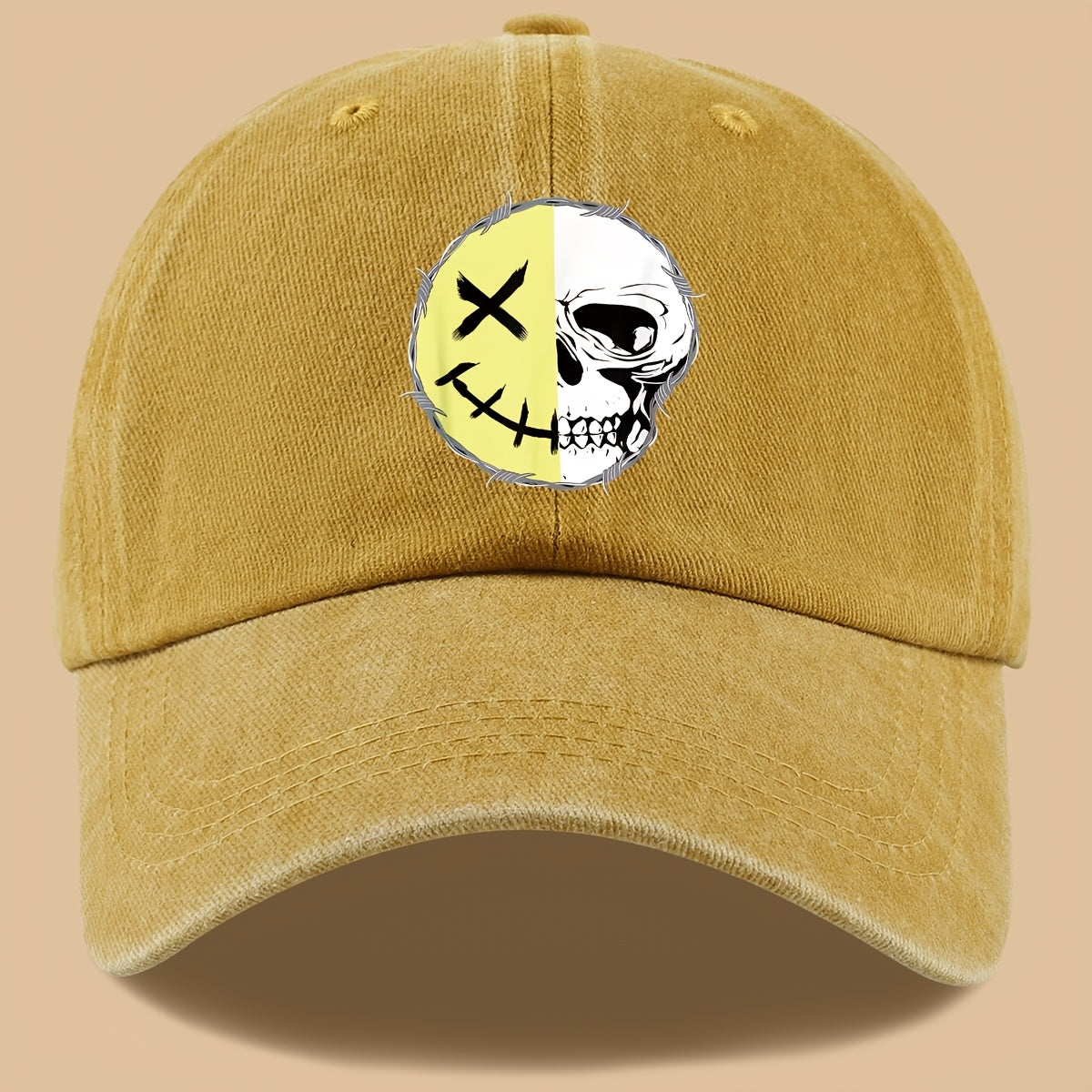 1pc Creative Smiling Face Half Skull Print Baseball Cap, Urban Casual Headwear, Individual All-Match Casual Clothing Accessory, Men And Women Outdoor Universal Dad Hat, Adjustable Size, Breathable Comfortable Vintage Black Papa Trucker Hat