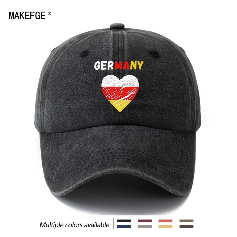 A Unisex Fashionable and Versatile Printed GERMANY Heart Baseball Cap, Featuring a Classic Vintage Washed Outdoor Lightweight Curved Brim. This Trucker Baseball Cap Is Suitable for Casual Occasions Such as Outdoor Vacations, Travel, and Camping