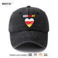 A Unisex Fashionable and Versatile Printed GERMANY Heart Baseball Cap, Featuring a Classic Vintage Washed Outdoor Lightweight Curved Brim. This Trucker Baseball Cap Is Suitable for Casual Occasions Such as Outdoor Vacations, Travel, and Camping