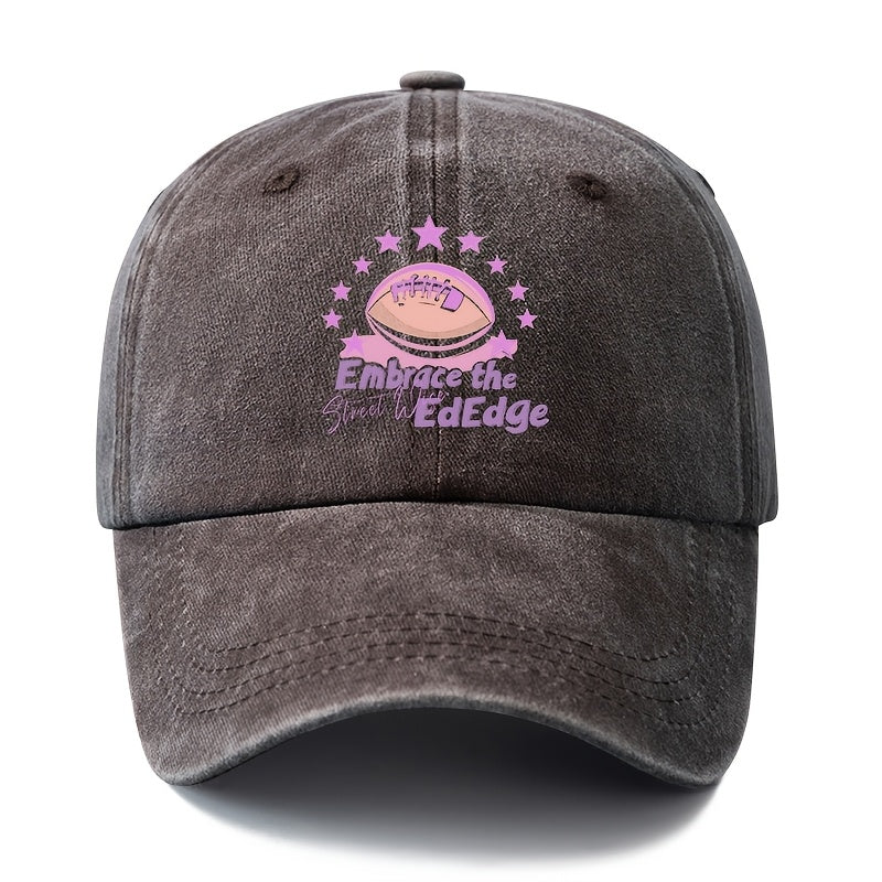 A Unisex Fashionable and Versatile Printed "Embrace the EdEdge" Baseball Cap, Featuring a Classic Vintage Washed Lightweight Curved Brim. This Trucker Baseball Cap Is Suitable for Casual Occasions Such as Outdoor Vacations, Travel, and Camping