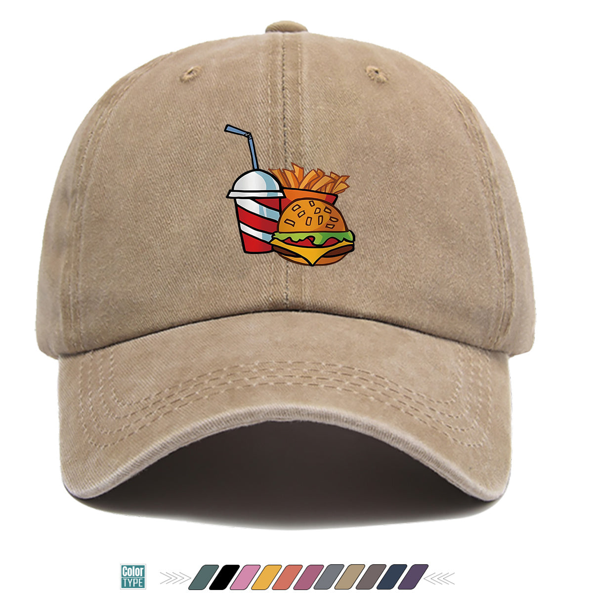 1pc Fast Food Theme Hamburger Fries Drink Print Baseball Cap, Fashion Trendy Sun Hat, Easy Personalized Design, Unisex Duckbill Cap, Adjustable Size, Street Style Hip-Hop Hat, Casual Sunshade Hat, Suitable for Shopping, Parties, Picnics, Travel
