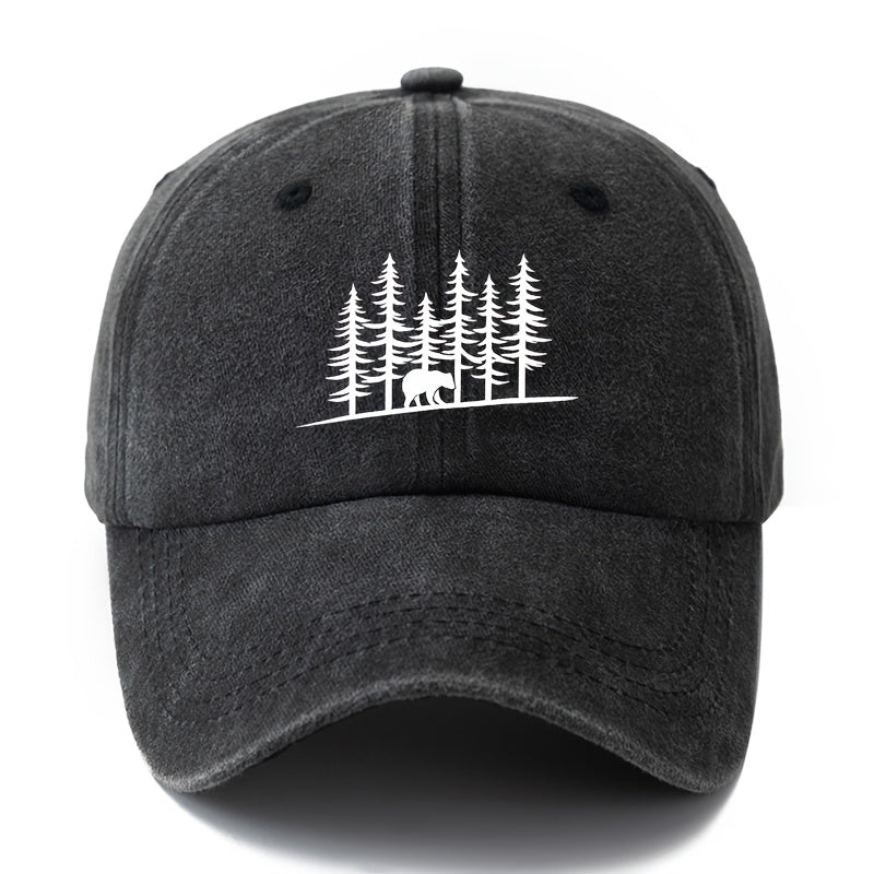 Unisex, Fashionable And Versatile Baseball Cap with Pine Forest And Grizzly Bear Print, Classic Retro Washed Outdoor Lightweight Curved Brim Cap, Suitable for Outdoor Vacations, Travel, Camping, And Other Casual Occasions, Hip-Hop Style Cap