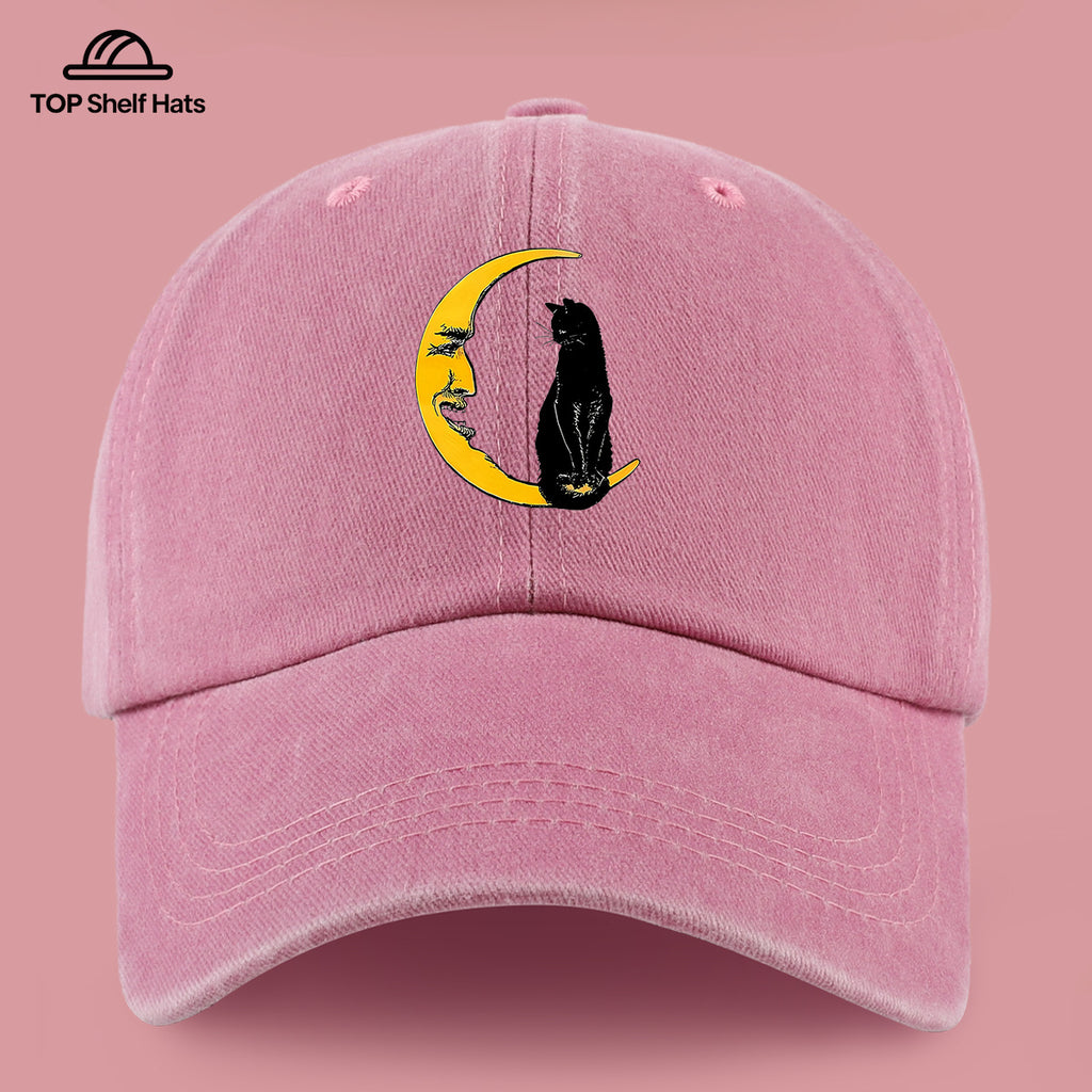 1pc Moon Cat Print Baseball Cap, Creative Illustration Sun Hat, Lightweight Comfortable Breathable Adjustable Size, Black PAPA Truck Driver Retro Dad Hat, Mom Beach Vacation Sun Hat, Youth Couple Outdoor Skate Hat