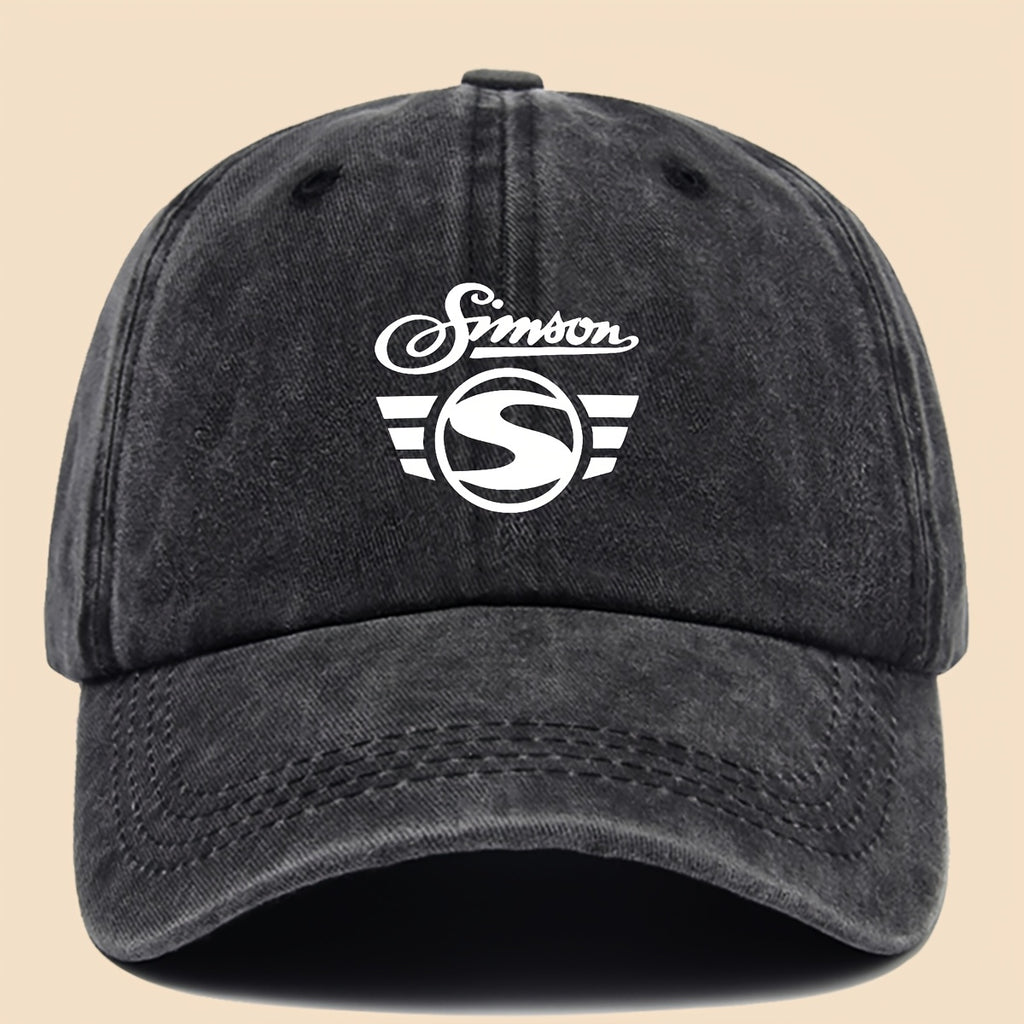1pc Men's "Simson" Logo Graphic Print Baseball Cap Black Polyester Duckbill Hat with White Geometric Print Breathable Comfort Solid Color Simple  Soft Top Curved Brim Dad Hat Adjustable Size Unisex Casual Skateboard Cap Summer Leisure Accessories