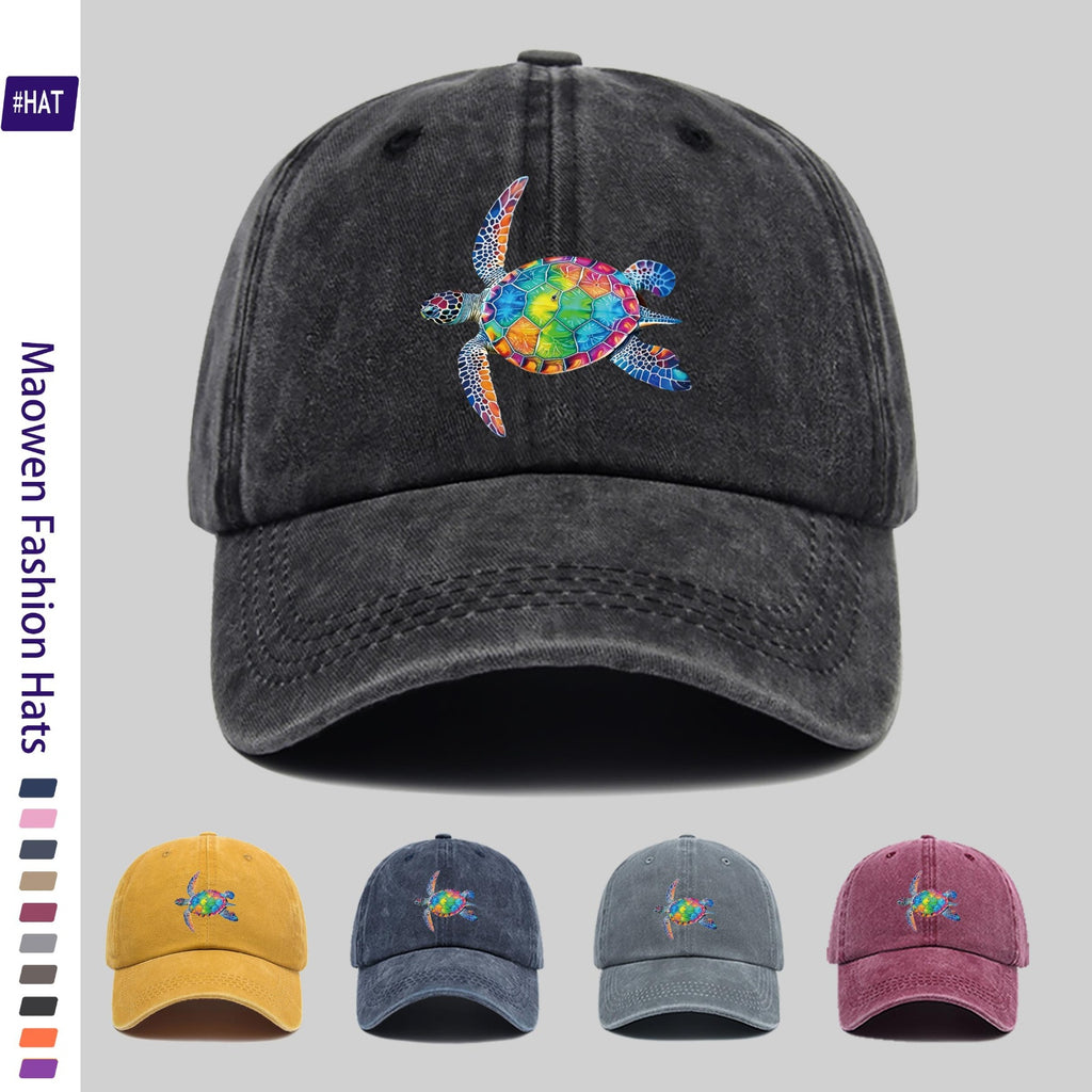 Washed Baseball Cap with Colorful Turtle Pattern Heat Transfer Design, New Vintage Style Cap for Autumn And Winter, Unisex, Adjustable, Lightweight Outdoor Cap, Suitable for All Seasons, Ideal for Travel And Leisure, Suitable for Sports