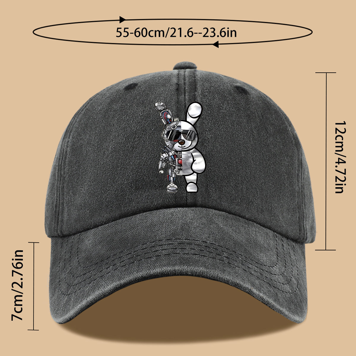 1pc Trendy Creative Cyberpunk Style Mechanical Rabbit Pattern Printed Baseball Cap, Lightweight Comfortable Breathable Sun Hat, Fashionable Easy Aesthetic Men And Women'S Cap, Adjustable Size, Trucker Dad Hat, Mom'S Beach Vacation Hat