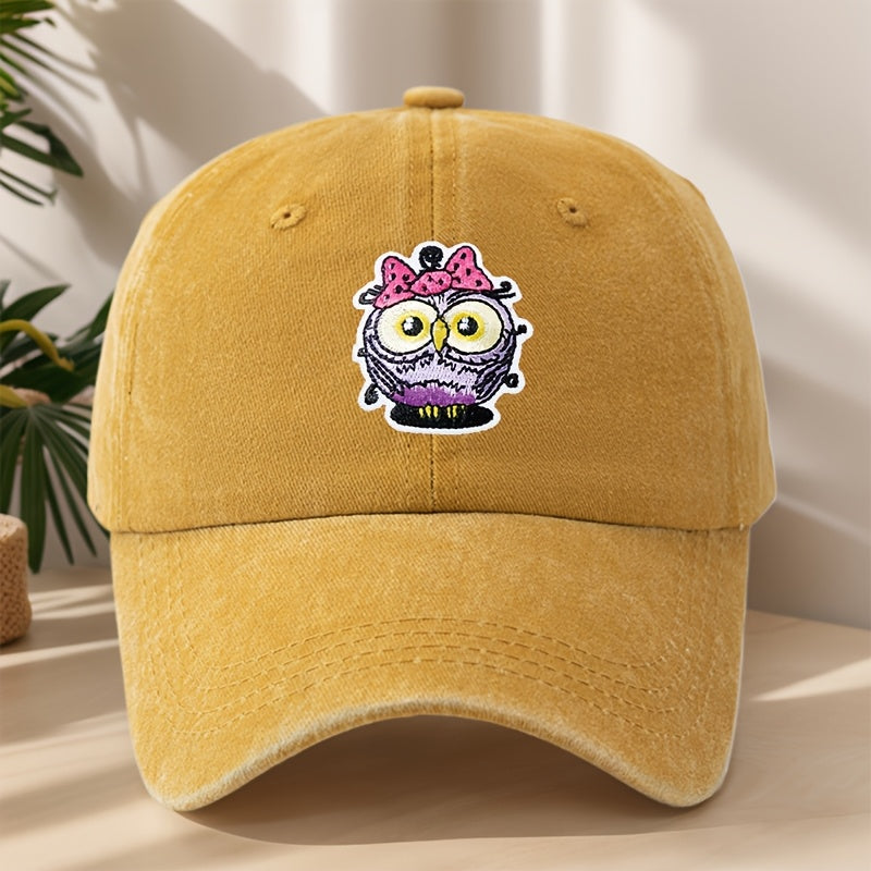 Vintage Washed Duckbill Baseball Cap with Owl Patch - Distressed Soft Breathable Sweat-Absorbent Suitable for Outdoor,, Camping, Fishing, Streetwear Hat, Washed Retro for Climbing and Casual Wear