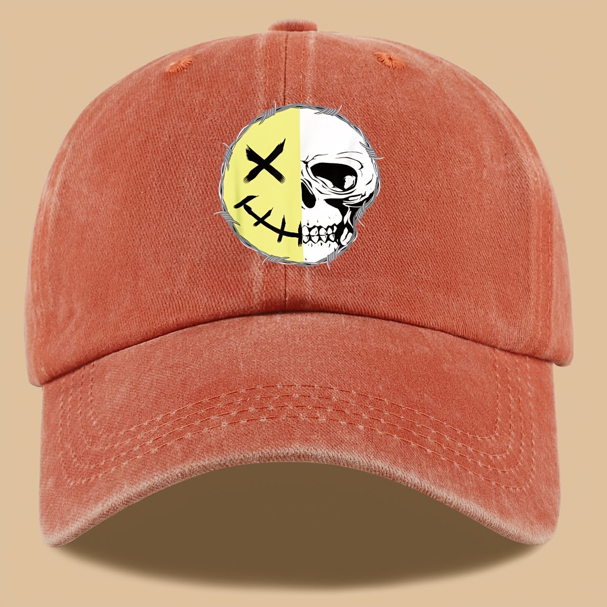 1pc Creative Smiling Face Half Skull Print Baseball Cap, Urban Casual Headwear, Individual All-Match Casual Clothing Accessory, Men And Women Outdoor Universal Dad Hat, Adjustable Size, Breathable Comfortable Vintage Black Papa Trucker Hat