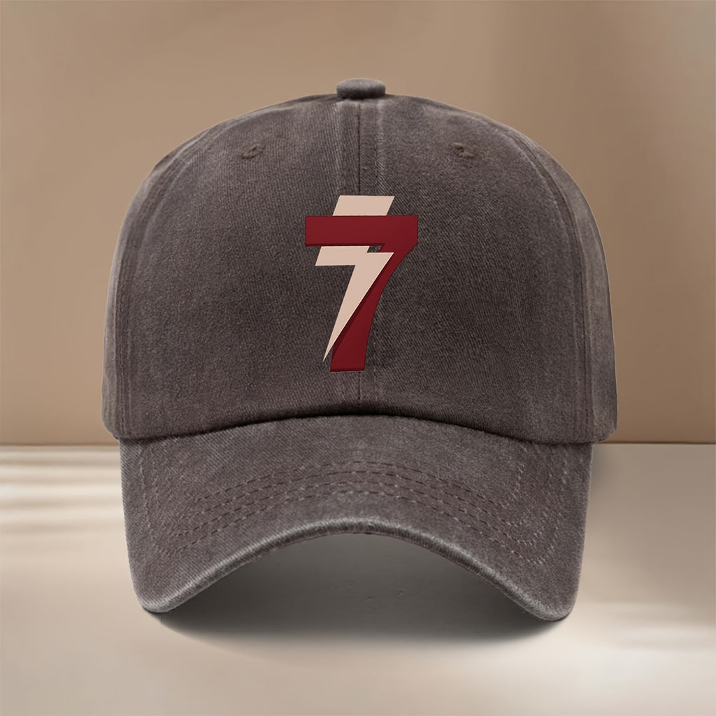 Brown-red Number 7 Washed Baseball Cap with Textured Feel, Lightweight Hip-hop Unisex Curved Brim Hat, Comfortable and Stylish Snapback for Gatherings and Camping, Simple Six-panel Design, Versatile and Cool Casual Cap, Trendy Fashion for All