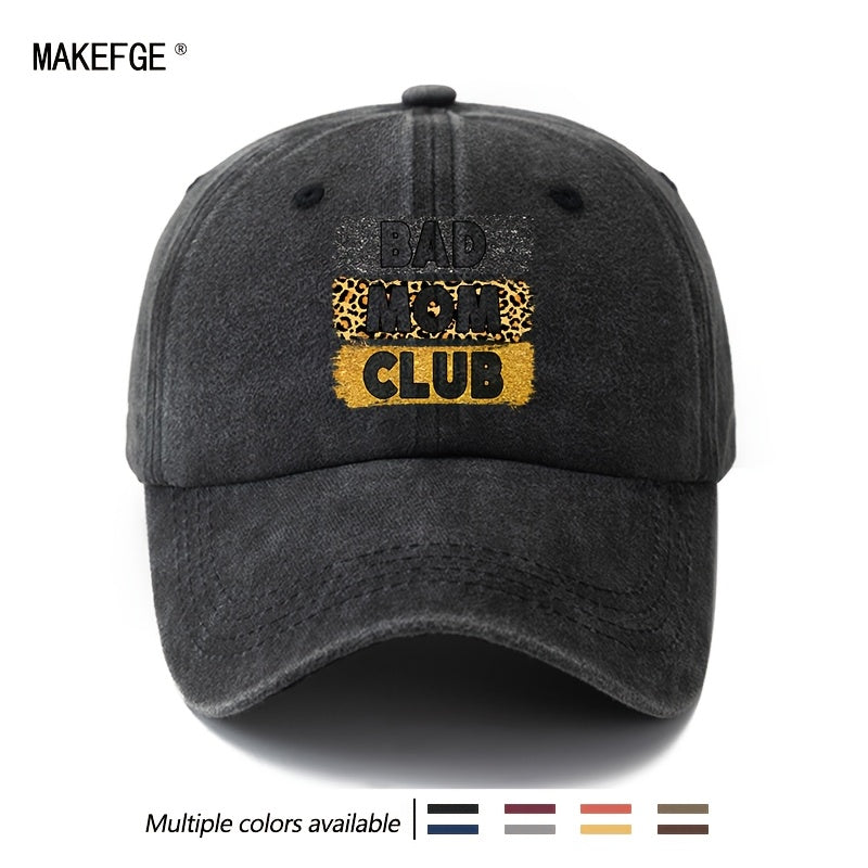 A Unisex Fashionable and Versatile "BAD MOM CLUB" Printed Baseball Cap, Featuring a Classic Vintage Washed Lightweight Curved Brim. This Trucker Baseball Cap Is Suitable for Casual Occasions Such as Outdoor Vacations, Travel, and Camping. It Also