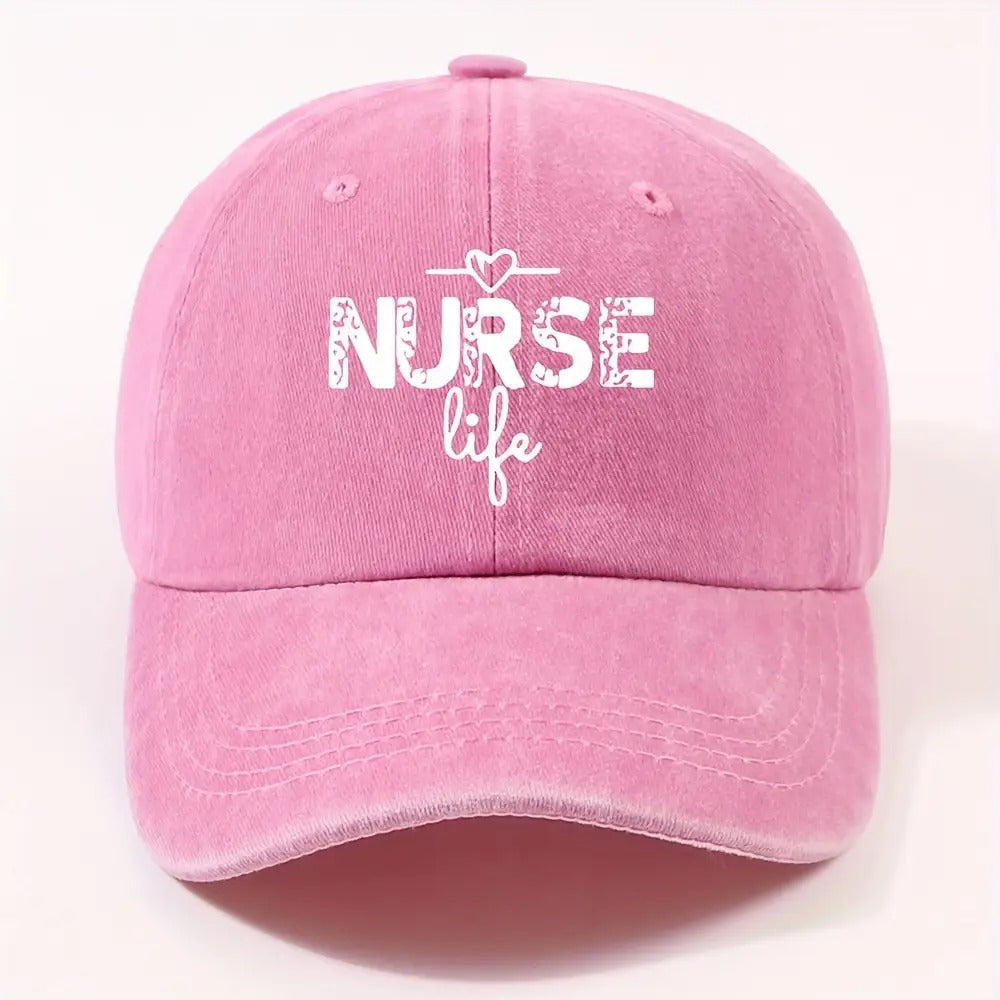 1 Fashion Nurse Letter Washed Baseball Cap Unisex Adjustable Brim Sun Hat Shopping Cycling Skateboarding Trendy Baseball Cap,  Casual Wear, Sporty Style, Geometric Pattern, Metal Buckle Closure, Durable Material, Unisex Headwear, Men And Women