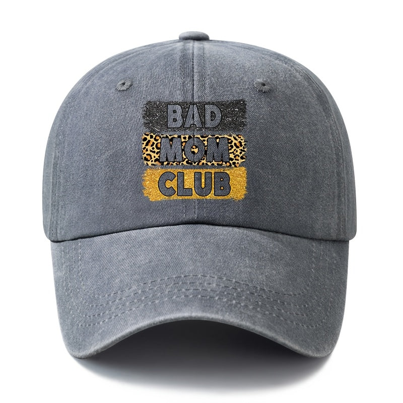 A Unisex Fashionable and Versatile "BAD MOM CLUB" Printed Baseball Cap, Featuring a Classic Vintage Washed Lightweight Curved Brim. This Trucker Baseball Cap Is Suitable for Casual Occasions Such as Outdoor Vacations, Travel, and Camping. It Also
