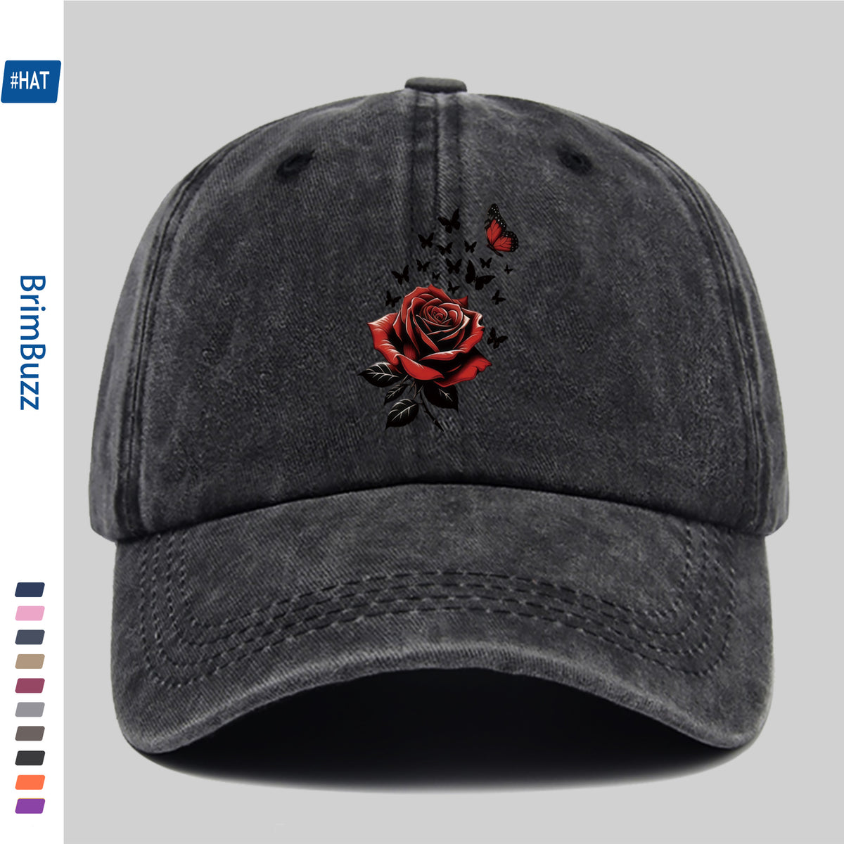 1pc Adjustable Trucker Sun Hat, Unisex, Vintage Washed Baseball Cap with Rose And Butterfly Print, Lightweight Outdoor Hat Suitable for Beach, Travel, Cycling, Party Gifts, Non-Elastic Strap Hat Suitable for Daily Casual Wear (Hand Washable)
