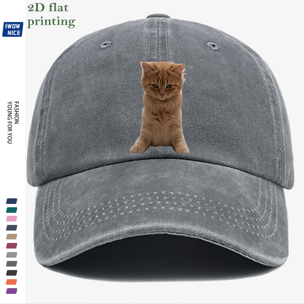 1pc Orange Tabby Cat Squatting Front Print Baseball Cap, with Round Eyes Slightly Squinted, Giving Off a "I'm Noble" Meme Vibe. A Must-have for Daily Outings, Café Visits, and Citywalks to Create a Stylish Look. The Cap Shape Helps Flatter and Slim