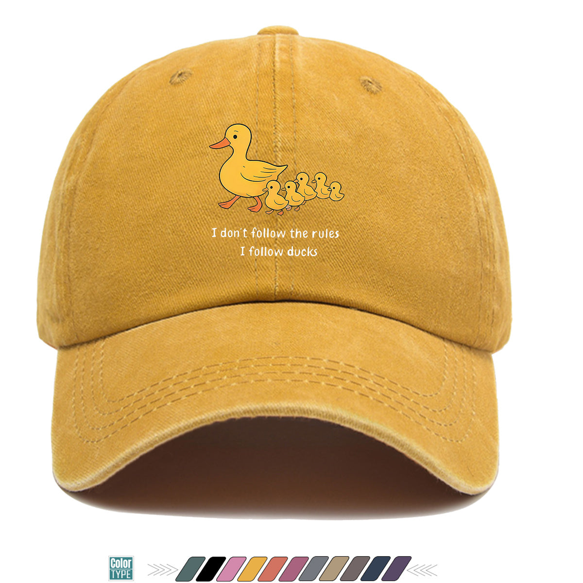 1pc Cartoon Mother Duck with Five Ducklings Print Baseball Cap, Retro Glitch Art Style Striped Background, Funny Slogan "I Don'T Follow The Rules, I Follow The Ducks", Comfortable And Breathable Sun Hat
