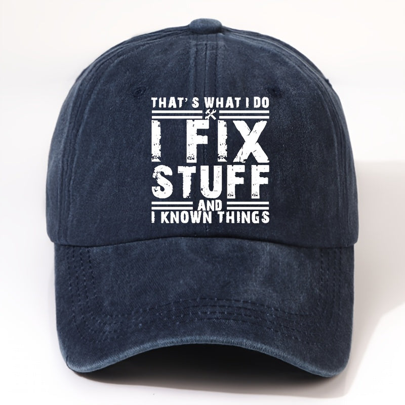 EOXF Vintage Washed Baseball Cap- Black with the Text "I Fix Stuff, " Adjustable Strap, Breathable Six-panel Design, Suitable for Mechanics, DIY Enthusiasts, and Everyday Casual Wear- Unisex Headwear, Vintage Style, Adjustable Size