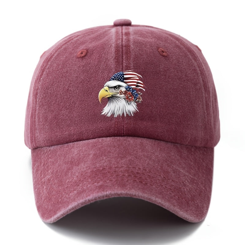 A Unisex Fashionable and Versatile Printed Floral Eagle Baseball Cap, Featuring a Classic Vintage Washed Outdoor Lightweight Curved Brim Design. Suitable for Outdoor Vacations, Travel, Camping, and Other Casual Occasions. Ideal for Holiday Parties