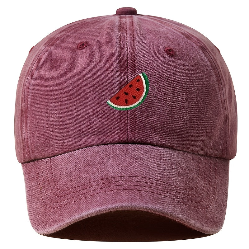 An Embroidered Baseball Cap with Curved Brim, Hip-hop Style, Fruit Embroidery, Vintage Washed, Unisex Outdoor Travel and Hiking Cap, Fishing Hat