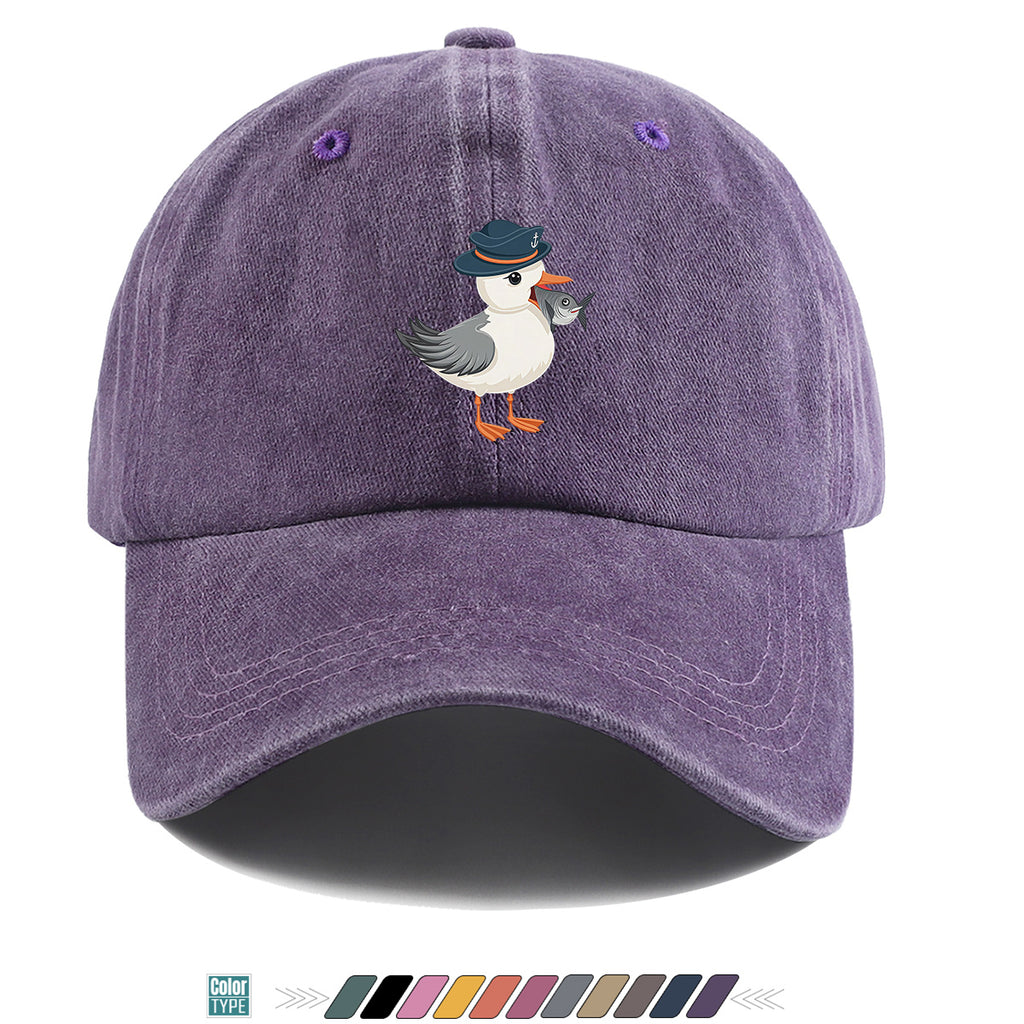 1pc Cartoon Seagull Wearing a Navy Hat with an Anchor Pattern, Holding a Fish in Its Mouth, with a Colorful Geometric Striped Background. Fun Animal Print Baseball Cap, Comfortable And Breathable Sun Hat, Stylish, Individual, And Beautiful