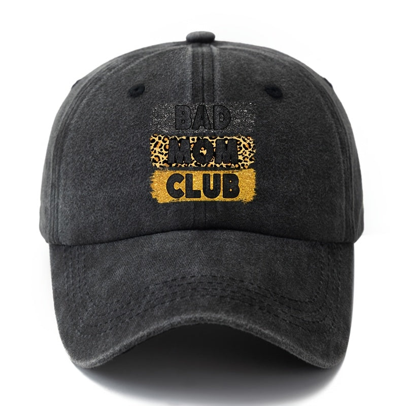 A Unisex Fashionable and Versatile "BAD MOM CLUB" Printed Baseball Cap, Featuring a Classic Vintage Washed Lightweight Curved Brim. This Trucker Baseball Cap Is Suitable for Casual Occasions Such as Outdoor Vacations, Travel, and Camping. It Also