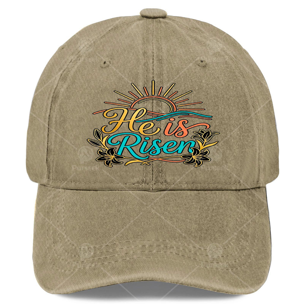 He Is Risen Christian Baseball Cap, Vintage Full-Print Religious Design, Featuring The Message "He Is Risen", Lightweight Dome-Shaped Worship Cap, Suitable for Church, Easter Gift, And Everyday Wear