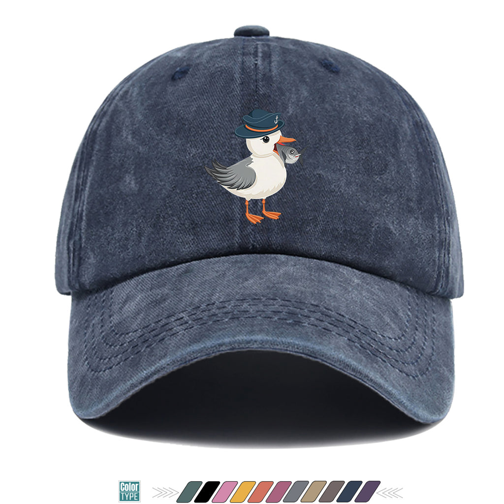 1pc Cartoon Seagull Wearing a Navy Hat with an Anchor Pattern, Holding a Fish in Its Mouth, with a Colorful Geometric Striped Background. Fun Animal Print Baseball Cap, Comfortable And Breathable Sun Hat, Stylish, Individual, And Beautiful