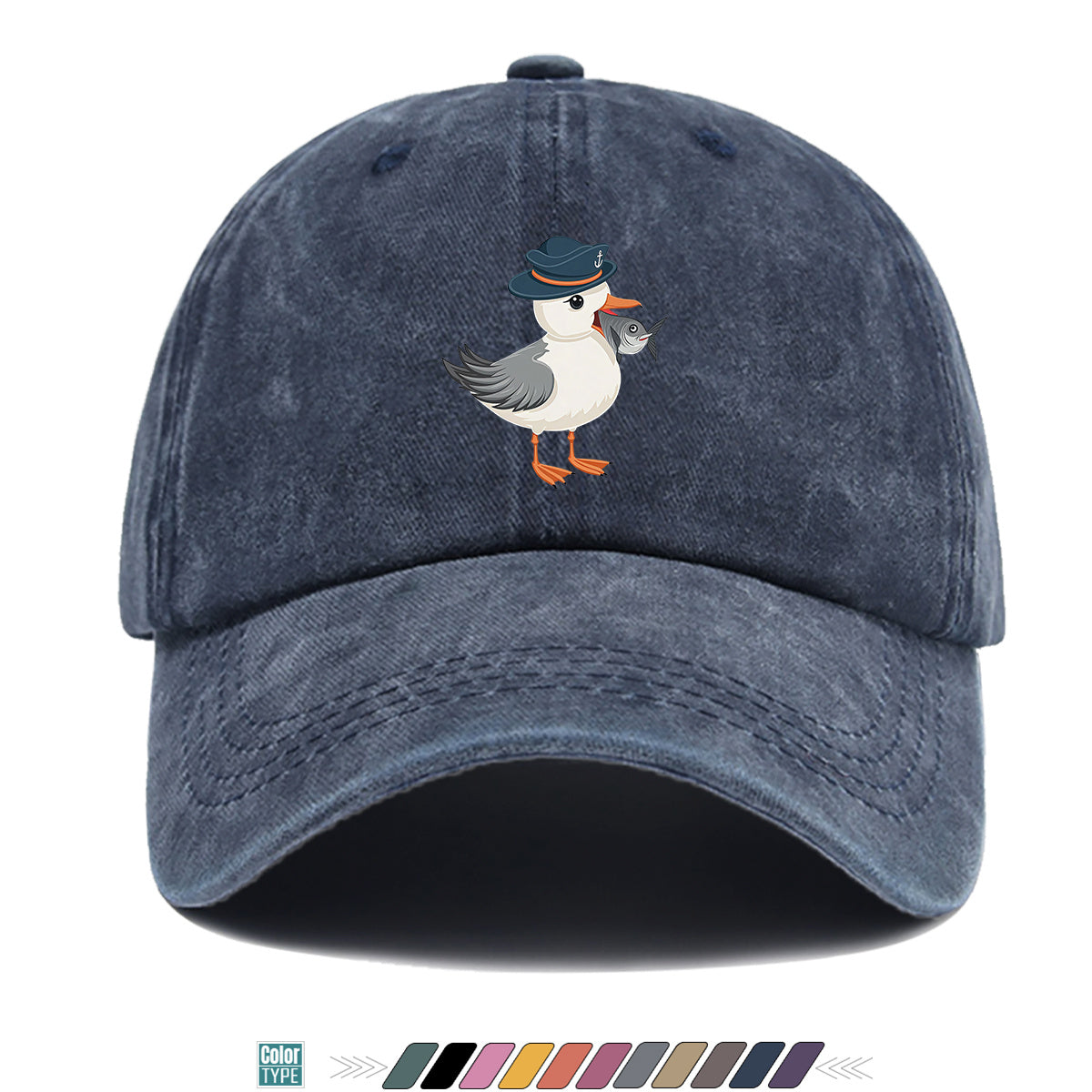 1pc Cartoon Seagull Wearing a Navy Hat with an Anchor Pattern, Holding a Fish in Its Mouth, with a Colorful Geometric Striped Background. Fun Animal Print Baseball Cap, Comfortable And Breathable Sun Hat, Stylish, Individual, And Beautiful